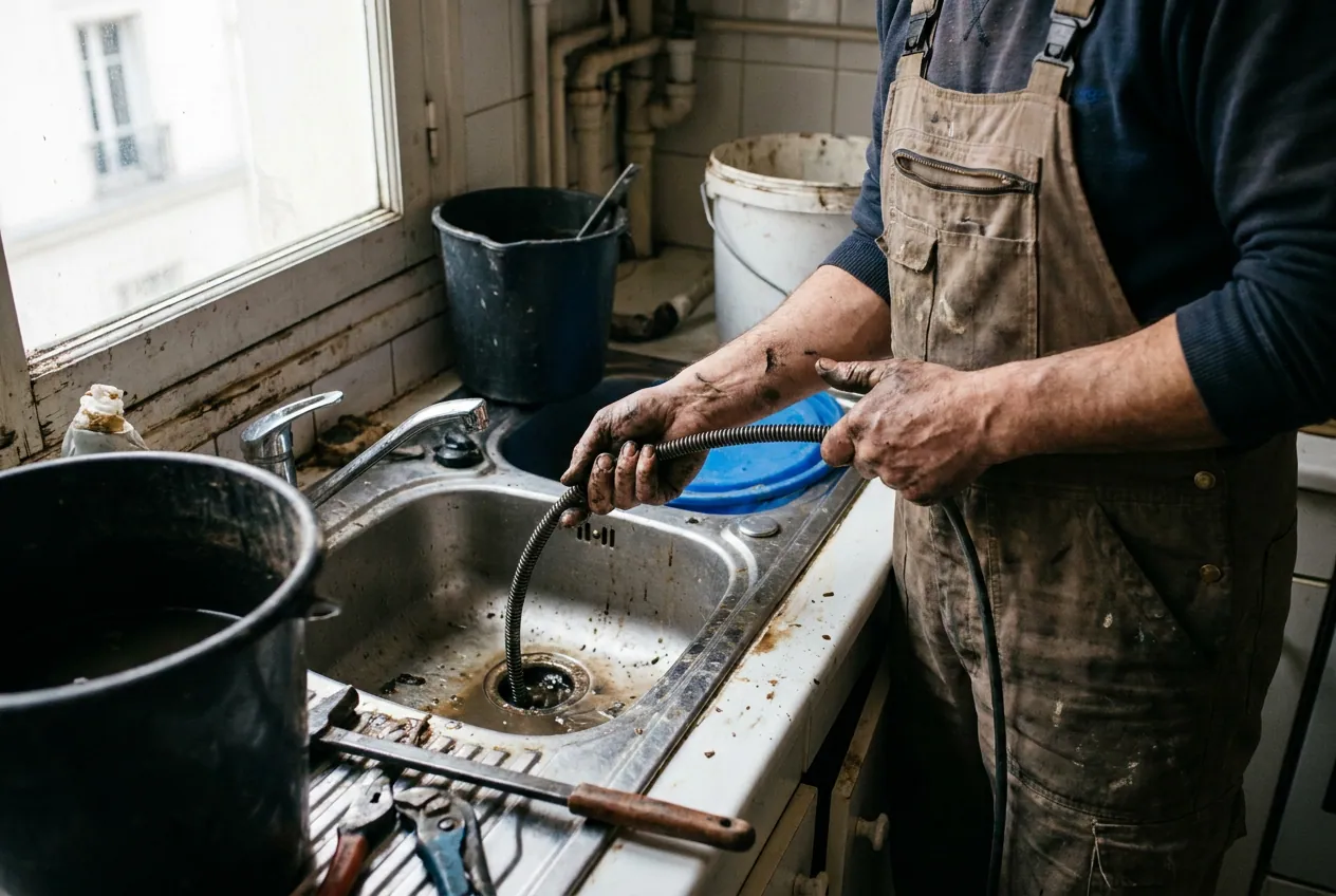 Plombier débouchant une canalisation d'évier bouchée dans une cuisine à Montrouge